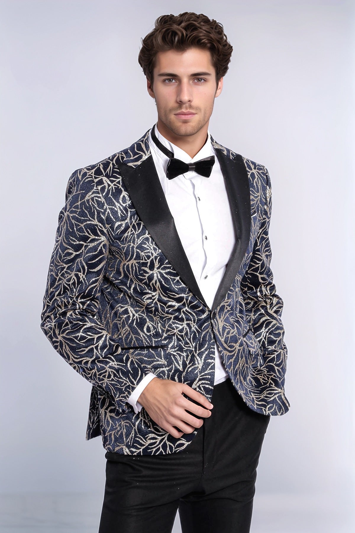 Sparkling Ivy Patterned Slim Fit Navy Blue Men Tuxedo Jacket - Wessi