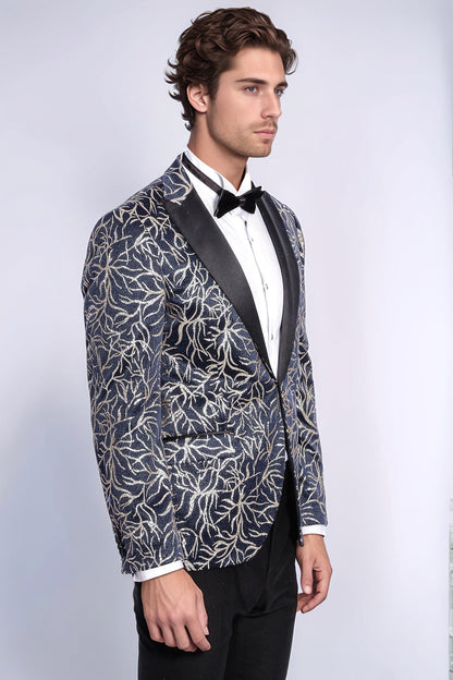Sparkling Ivy Patterned Slim Fit Navy Blue Men Tuxedo Jacket - Wessi