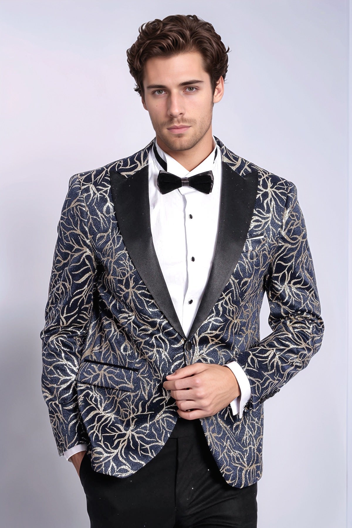 Sparkling Ivy Patterned Slim Fit Navy Blue Men Tuxedo Jacket - Wessi