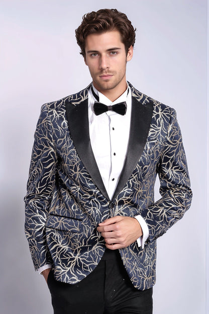 Sparkling Ivy Patterned Slim Fit Navy Blue Men Tuxedo Jacket - Wessi