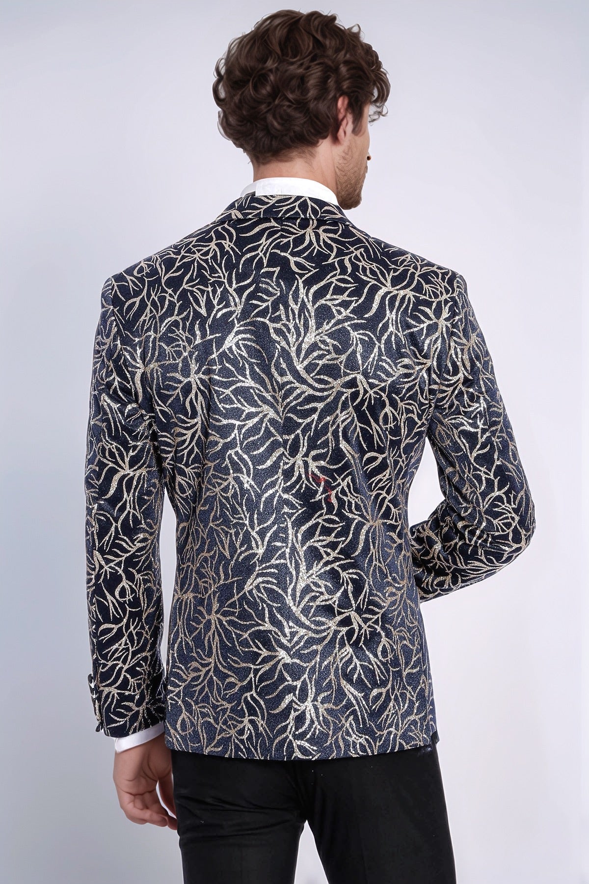 Sparkling Ivy Patterned Slim Fit Navy Blue Men Tuxedo Jacket - Wessi