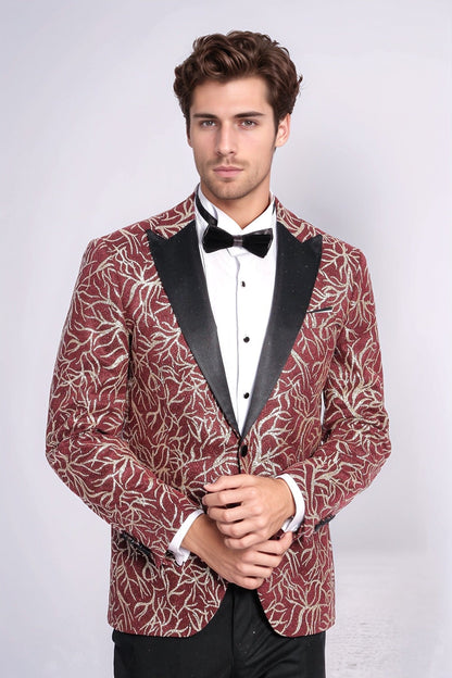 Sparkling Ivy Patterned Slim Fit Burgundy Men Evening Tuxedo Jacket - Wessi