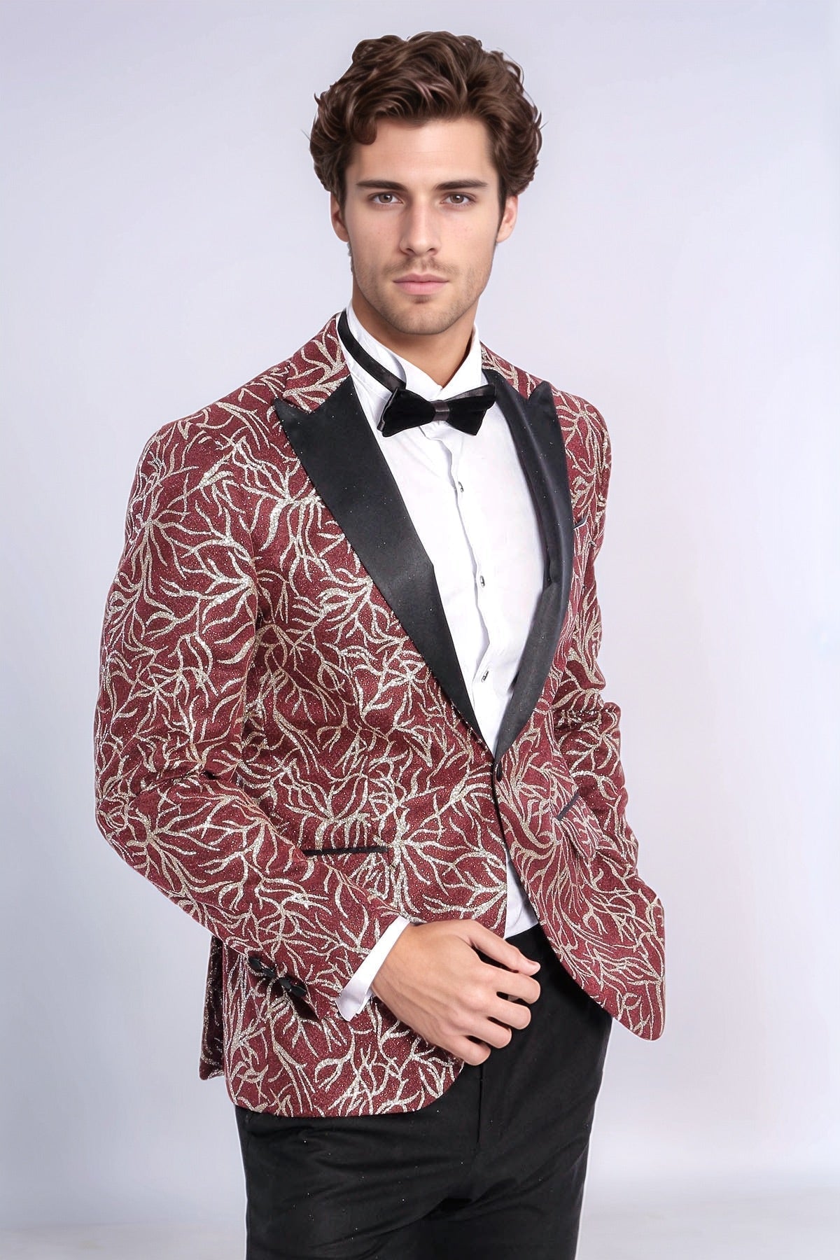 Sparkling Ivy Patterned Slim Fit Burgundy Men Evening Tuxedo Jacket - Wessi