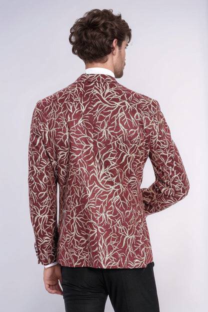 Sparkling Ivy Patterned Slim Fit Burgundy Men Evening Tuxedo Jacket - Wessi