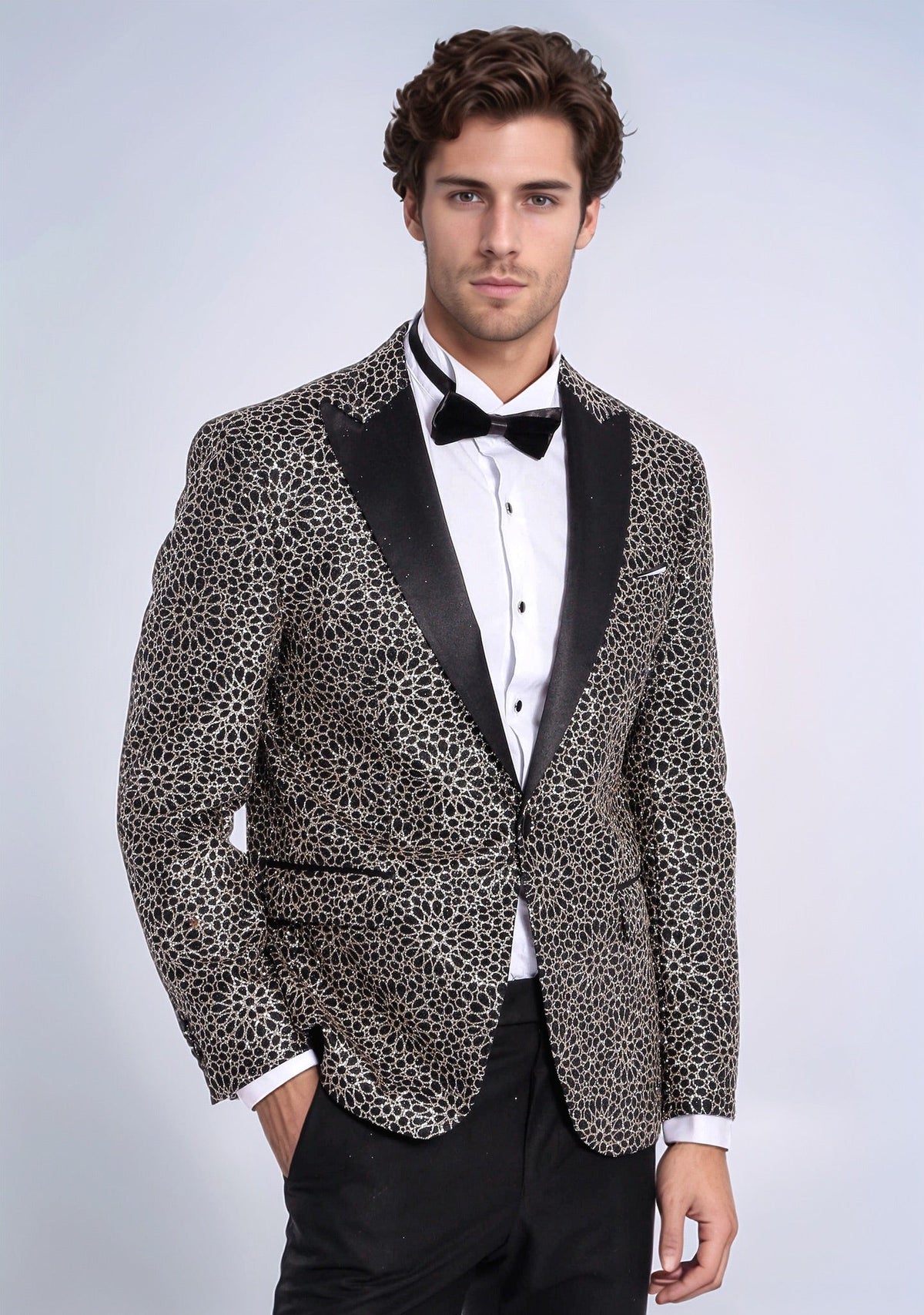 Flower Embroidered Pattern Black Men Party Blazer - Wessi