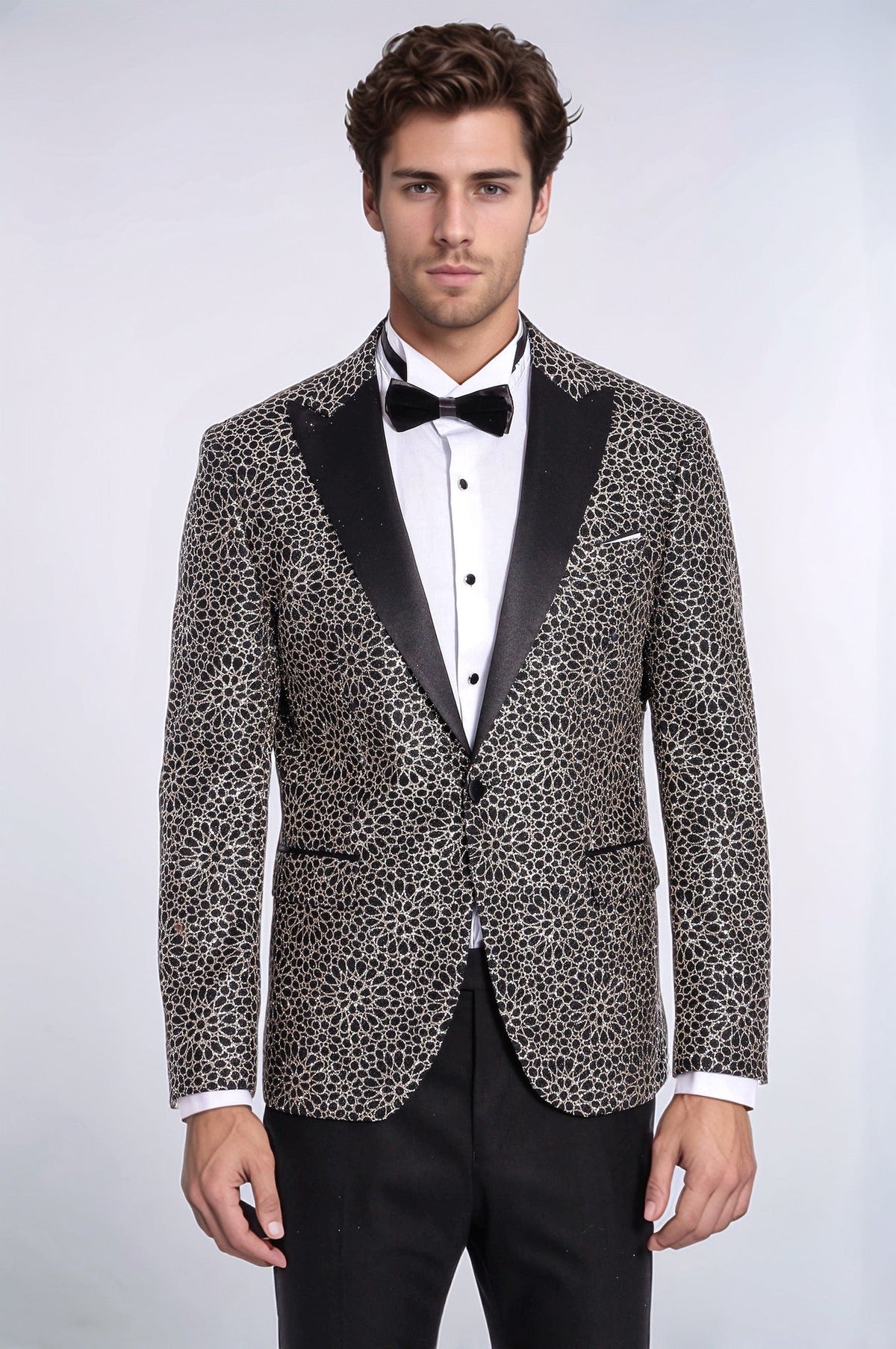 Flower Embroidered Pattern Black Men Party Blazer - Wessi