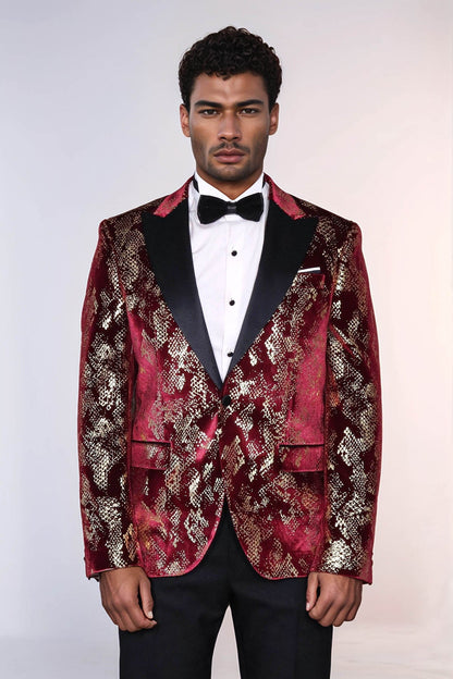 Peak Lapel Slim Fit Gold Patterned Burgundy Men Party Blazer - Wessi