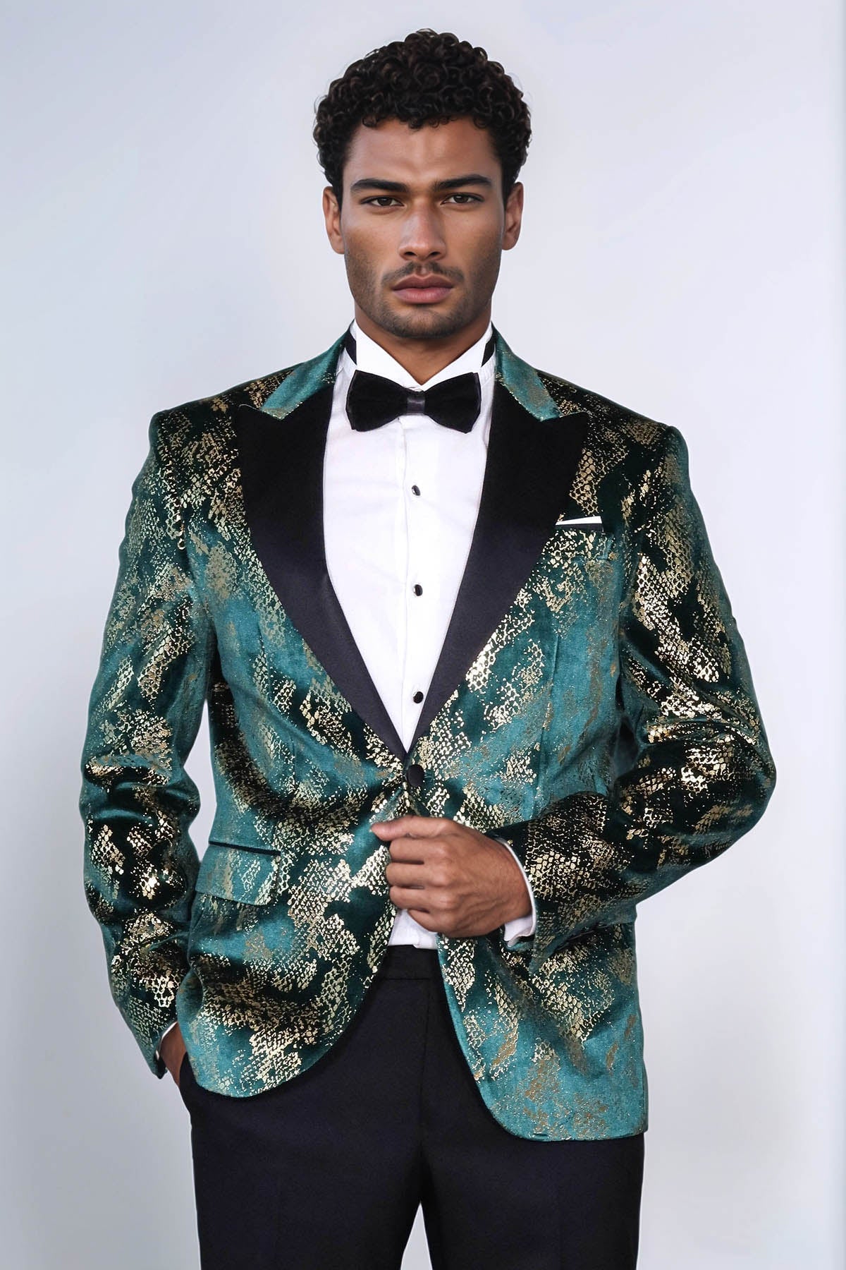 Peak Lapel Slim Fit Gold Patterned Green Men Prom Party Blazer