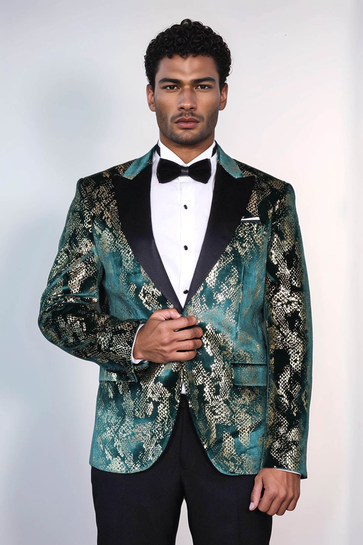 Peak Lapel Slim Fit Gold Patterned Green Men Prom Party Blazer