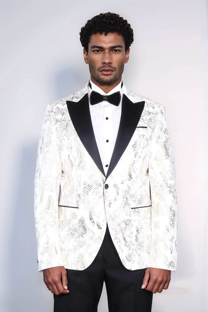 Peak Lapel Slim Fit Gold Patterned White Men Dinner Jacket - Wessi