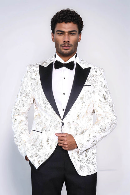 Peak Lapel Slim Fit Gold Patterned White Men Dinner Jacket - Wessi