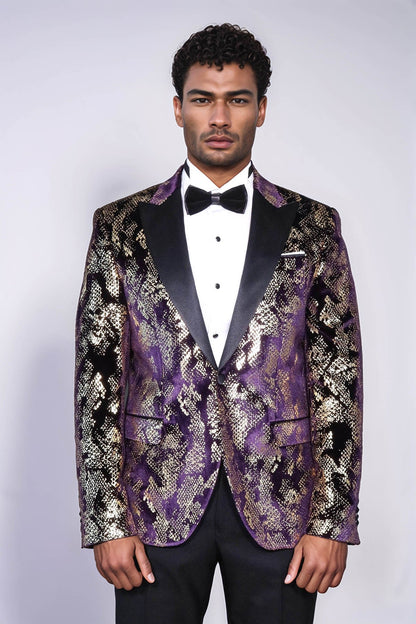 Peak Lapel Slim Fit Gold Patterned Purple Men Singer Tuxedo Blazer