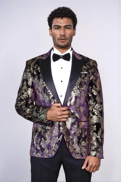 Peak Lapel Slim Fit Gold Patterned Purple Men Singer Tuxedo Blazer
