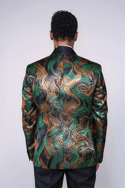 Gold-Green Patterned Over Black Men Stage Performers Jacket - Wessi