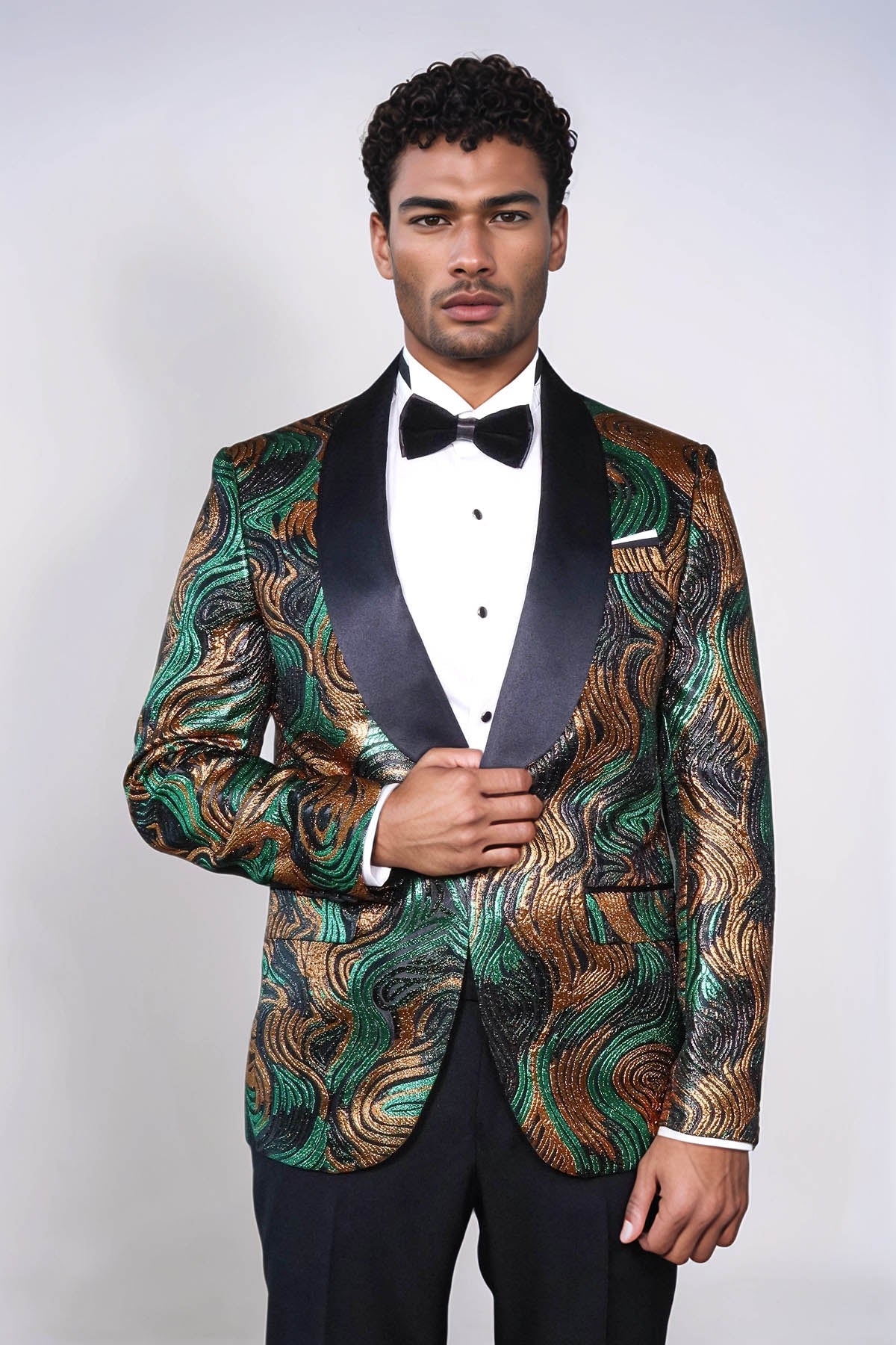 Gold-Green Patterned Over Black Men Stage Performers Jacket - Wessi
