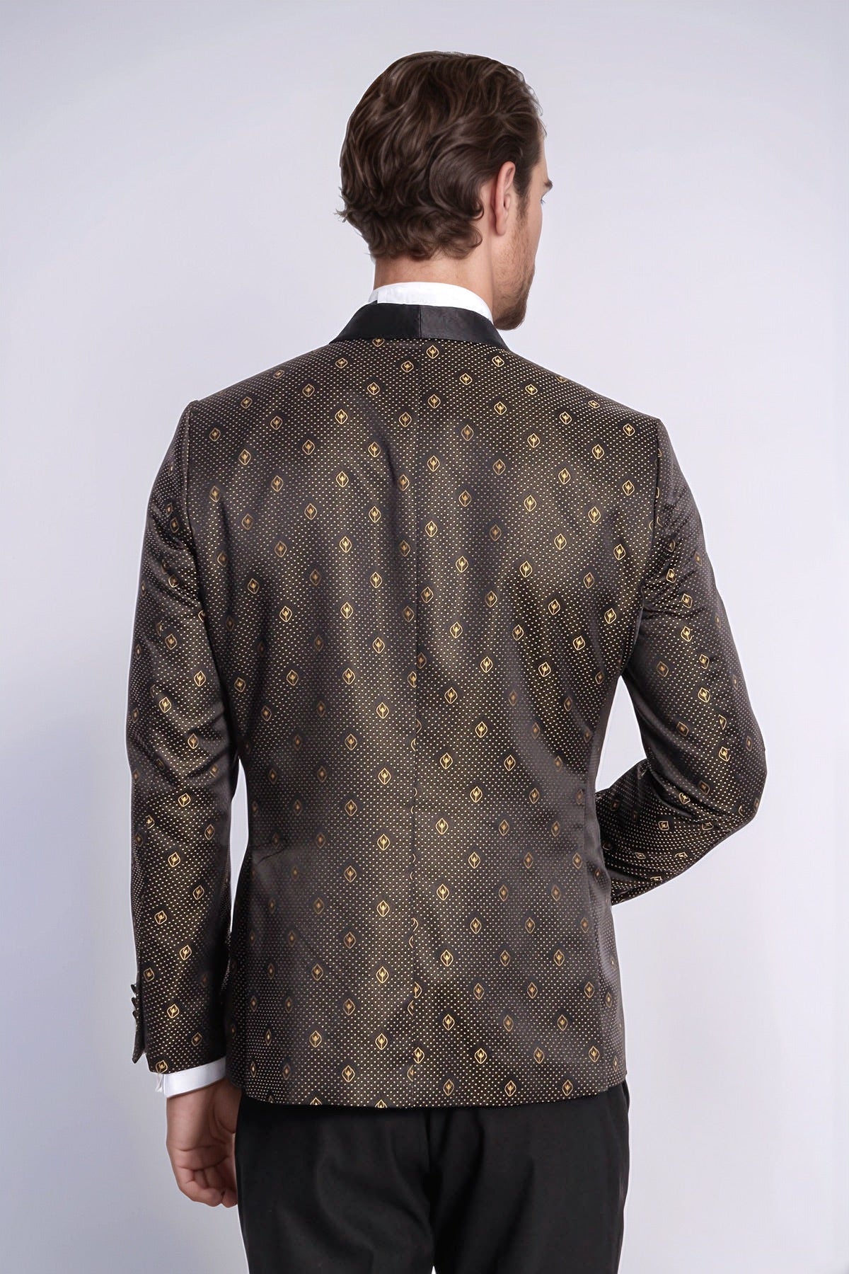 Shawl Lapel Gold Dot Patterned Over Black Men Tuxedo Blazer - Wessi