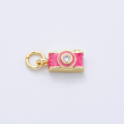 16K Gold Filled 12mm Pink Film Retro Digital Camera 3D Multidimensional Charm | Charms-00130