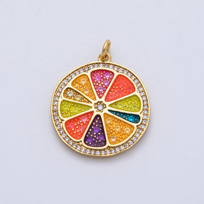 18K Gold Filled 25mm Micro Paved CZ Multicolor Citrus Lemon Slice Fruit Round Charm | Charms-00138