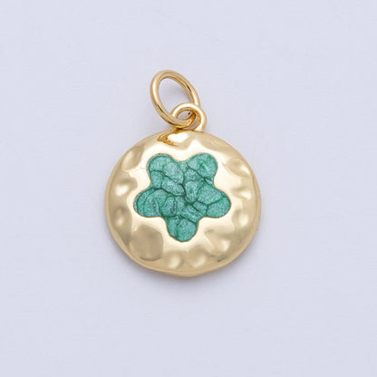 18K Gold Filled 15mm Green Flower Hammered Round Charm | Charms-00141