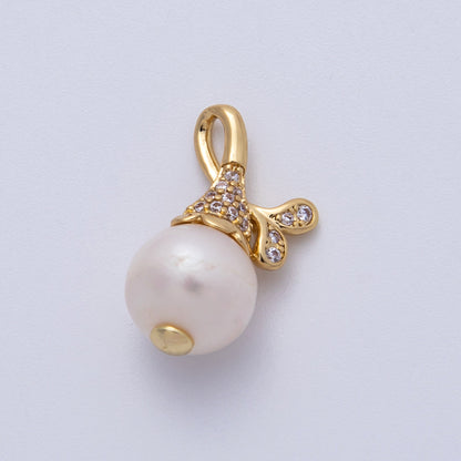 18K Gold Filled 20mm Micro Paved CZ Shell Pearl Button Plant Charm | Charms-00145