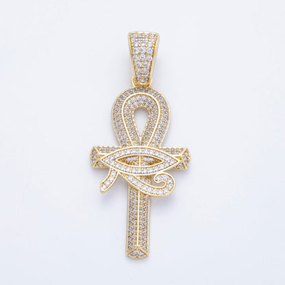 16K Gold Filled 48mm Micro Paved CZ Evil Eye Ankh Cross Religious Pendant | Charms-00209