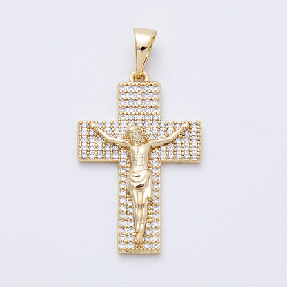 14K Gold Filled 35mm Wide Micro Paved CZ Jesus Crucifix Cross Religious Pendant | Charms-00221