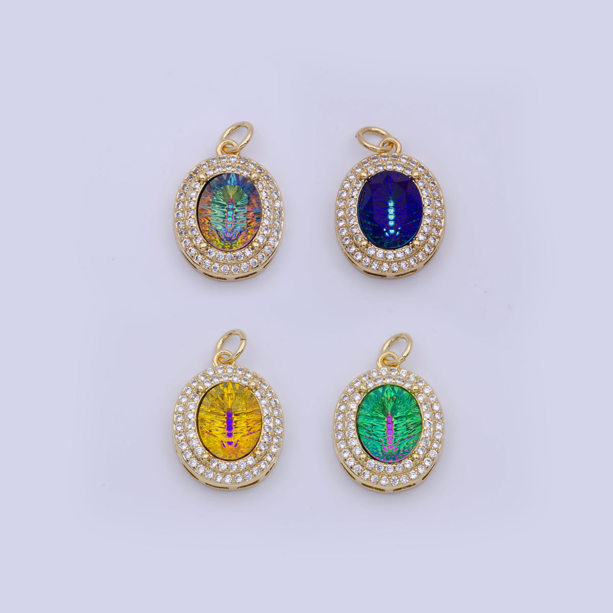 14K Gold Filled Multicolor, Purple, Yellow, Blue Iridescent Thermal CZ Micro Paved Oval Charm | AG070 - AG073