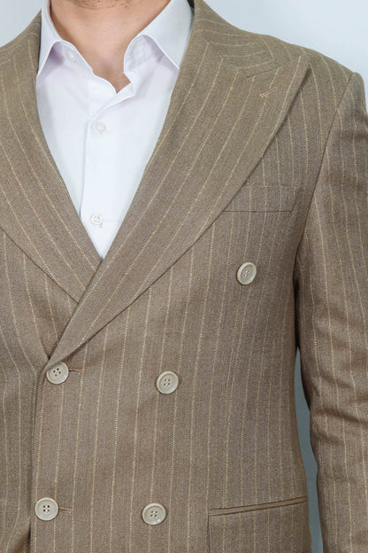 Striped Double Breasted Light Brown Men Blazer - Wessi