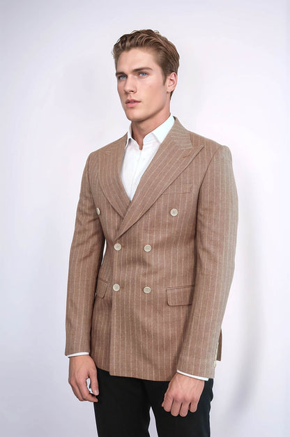 Striped Double Breasted Beige Men Blazer - Wessi