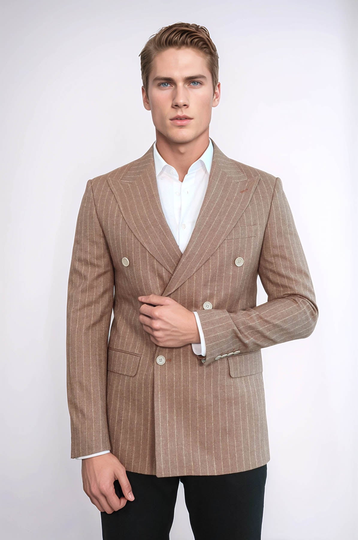 Striped Double Breasted Beige Men Blazer - Wessi