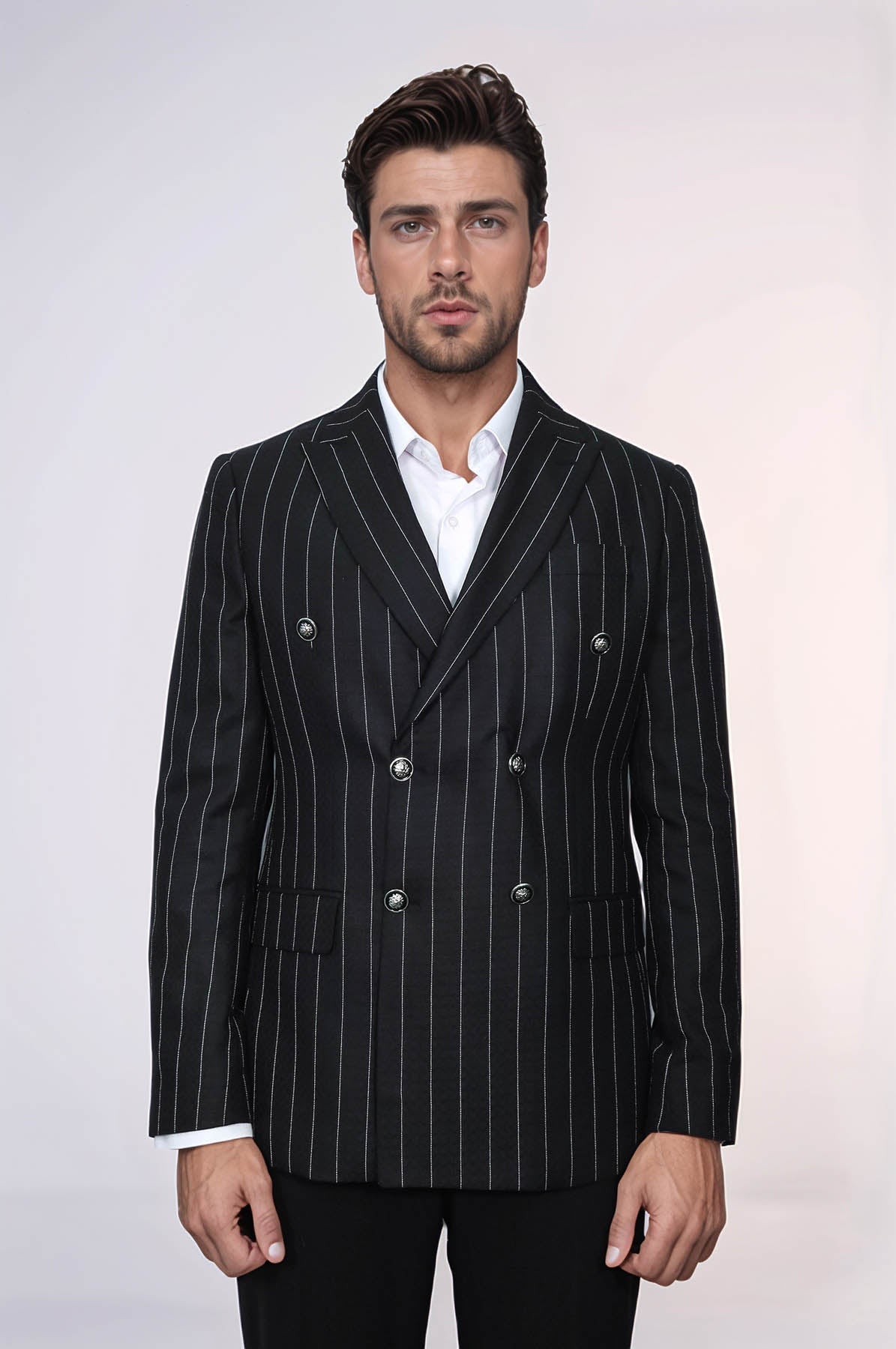 Double Breasted Slim Fit Striped Black Men Blazer - Wessi