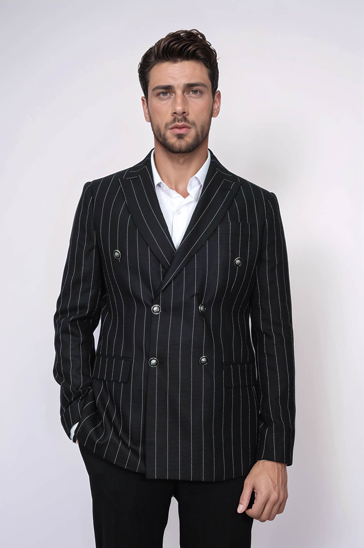 Double Breasted Slim Fit Striped Black Men Blazer - Wessi