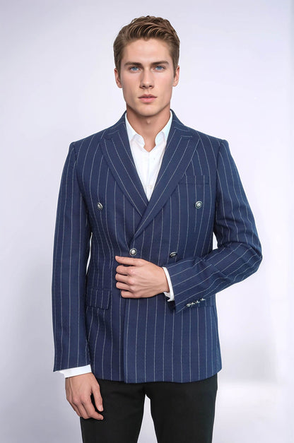 Double Breasted Slim Fit Striped Navy Blue Men Blazer - Wessi