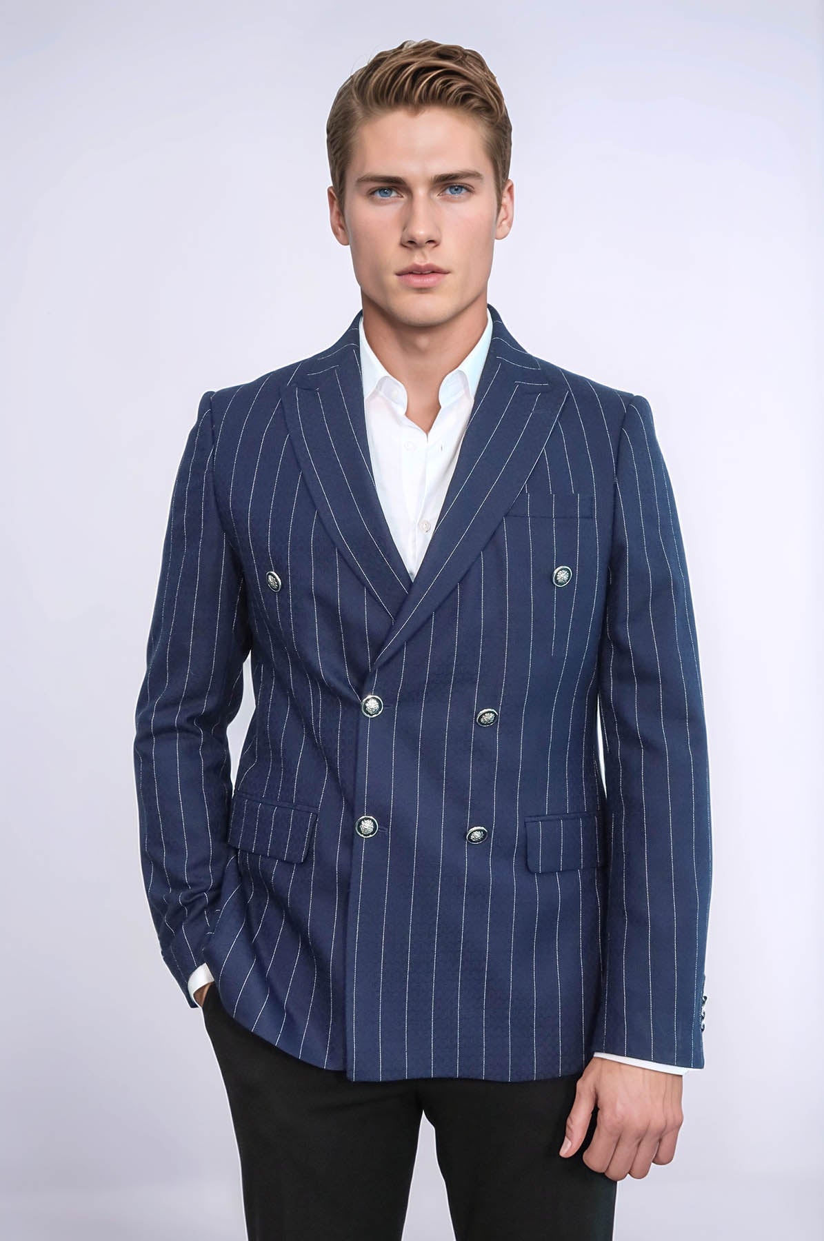 Double Breasted Slim Fit Striped Navy Blue Men Blazer - Wessi