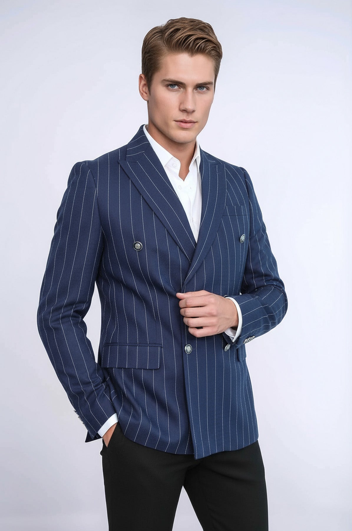 Double Breasted Slim Fit Striped Navy Blue Men Blazer - Wessi