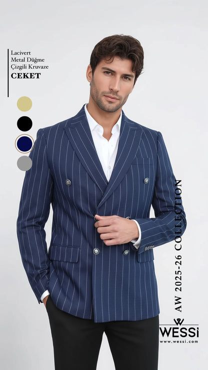 Double Breasted Slim Fit Striped Navy Blue Men Blazer - Wessi