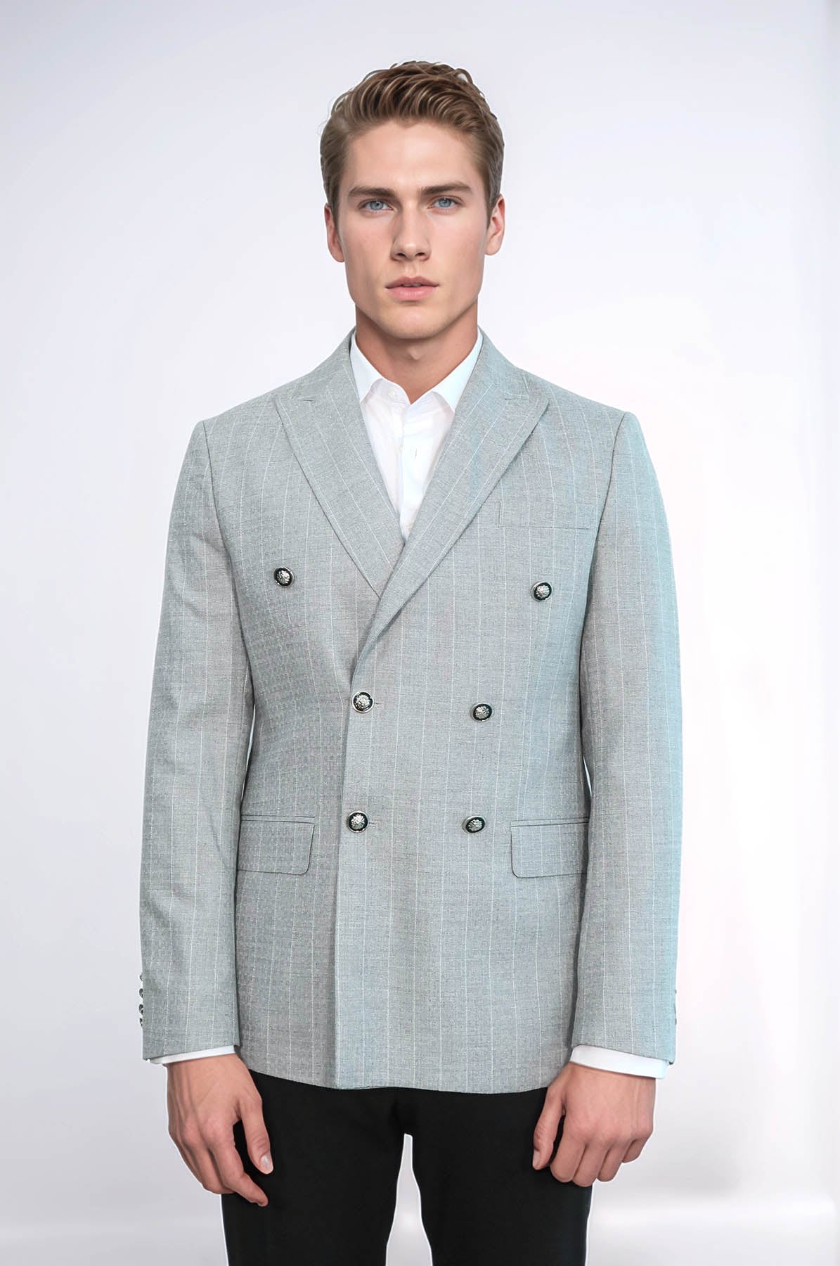 Double Breasted Slim Fit Striped Grey Men Blazer - Wessi