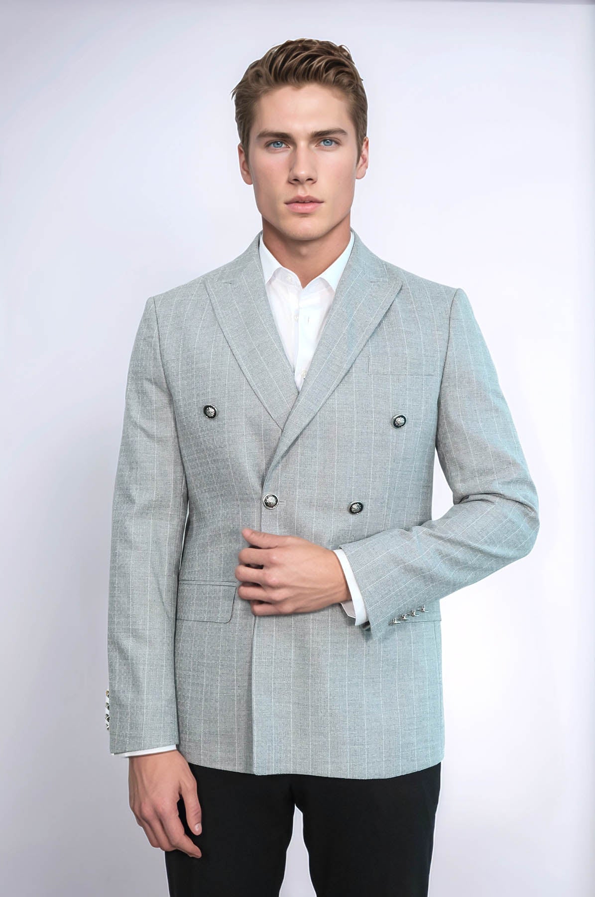 Double Breasted Slim Fit Striped Grey Men Blazer - Wessi
