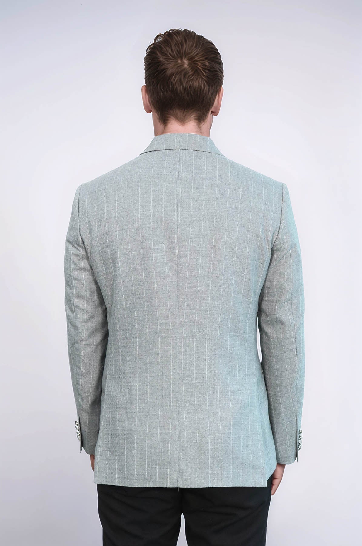 Double Breasted Slim Fit Striped Grey Men Blazer - Wessi