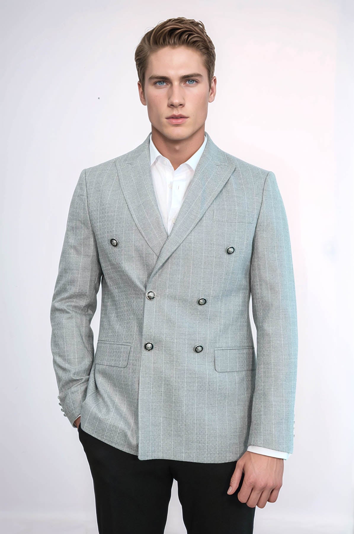 Double Breasted Slim Fit Striped Grey Men Blazer - Wessi