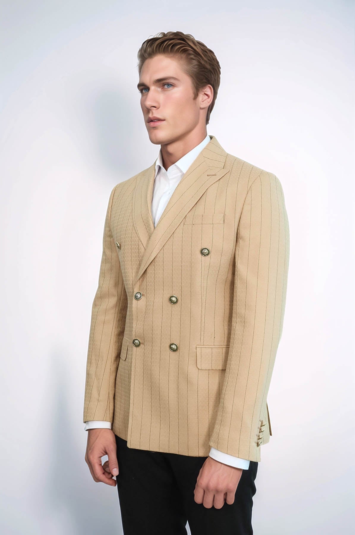 Double Breasted Slim Fit Striped Cream Men Blazer - Wessi