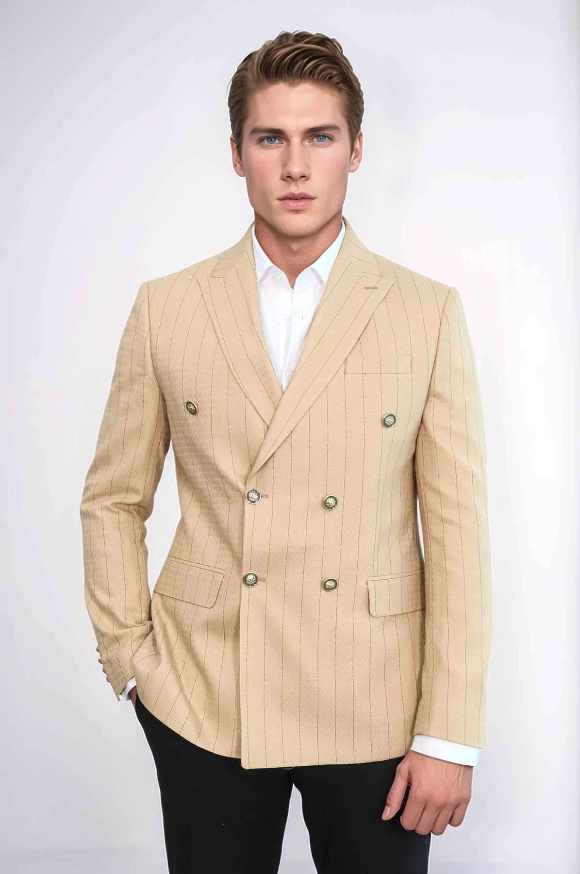 Double Breasted Slim Fit Striped Cream Men Blazer - Wessi