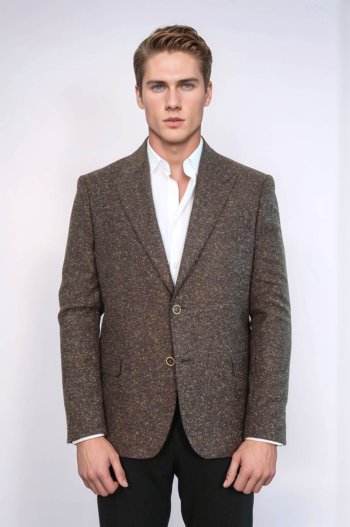 Houndstooth Pattern Wool Brown Men Blazer - Wessi