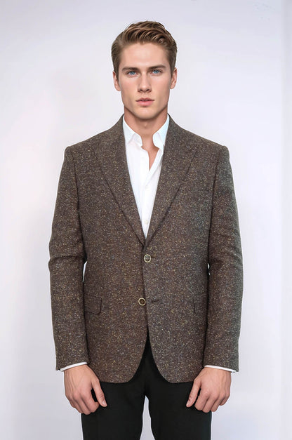 Houndstooth Pattern Wool Brown Men Blazer - Wessi