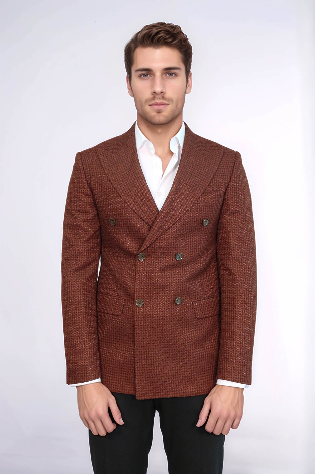 Houndstooth Patterned Brown Men Double Breasted Blazer - Wessi