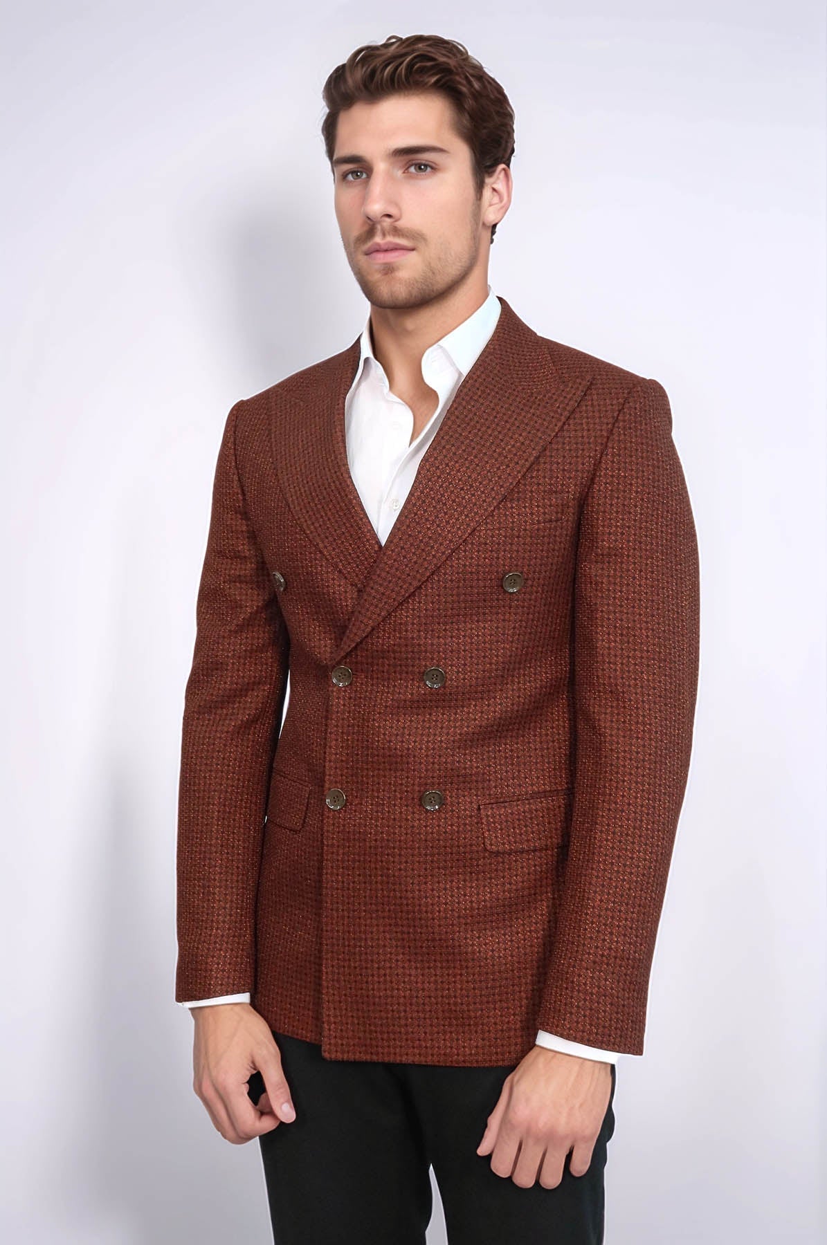Houndstooth Patterned Brown Men Double Breasted Blazer - Wessi