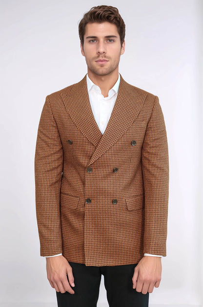 Houndstooth Patterned Tawny Men Double Breasted Blazer - Wessi