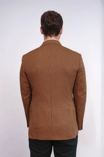 Houndstooth Patterned Tawny Men Double Breasted Blazer - Wessi