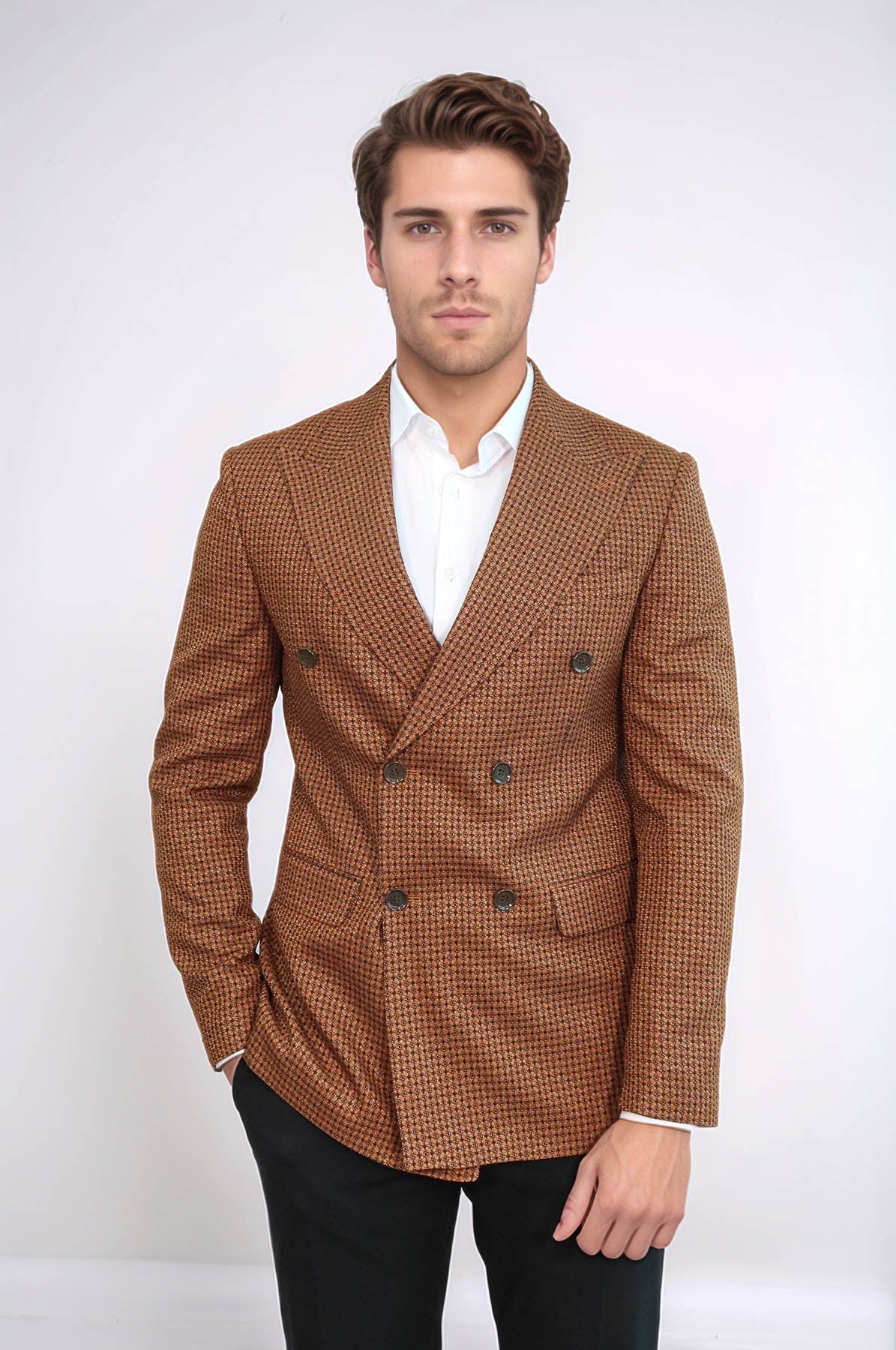 Houndstooth Patterned Tawny Men Double Breasted Blazer - Wessi
