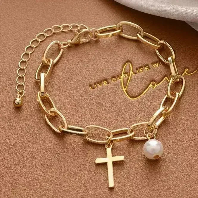 Oval Link Bracelet – Gold Plated with Cross Charm &amp; Faux Pearl
